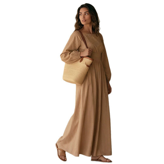 Damen Maxikleid mit Smok-Taillenband, Quadrat-Ausschnitt und langen Ballonärmeln Shop Nory