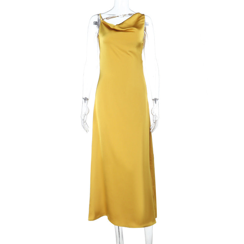 Damen Maxikleid mit schickem Wasserfallausschnitt und fließendem Satin-Stoff