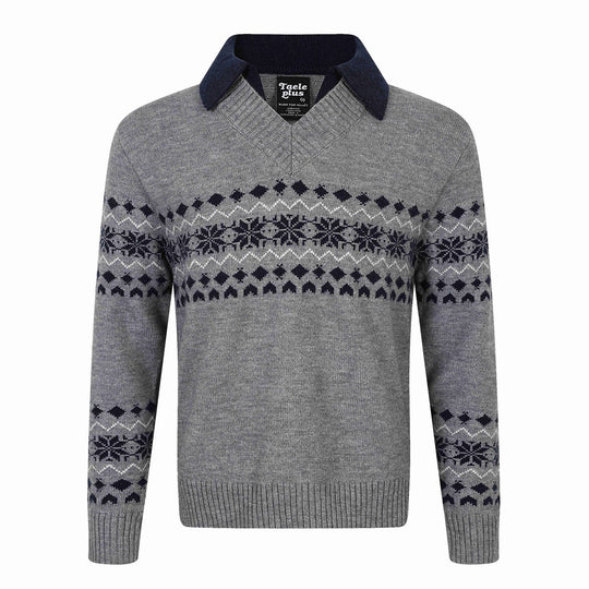 Herren Norweger-Strickpullover mit V‑Ausschnitt und kontrastierendem Hemdkragen Shop Nory