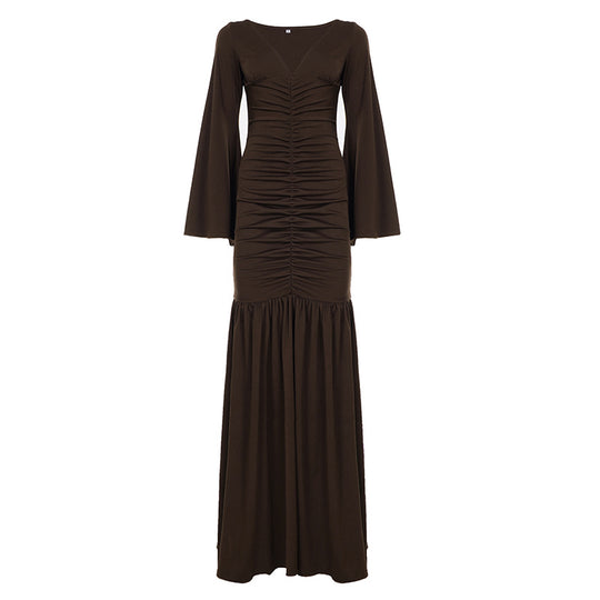 Damen nan gerafftes Maxikleid mit V-Ausschnitt, Trompetenärmeln und Stufenrüsche Shop Nory