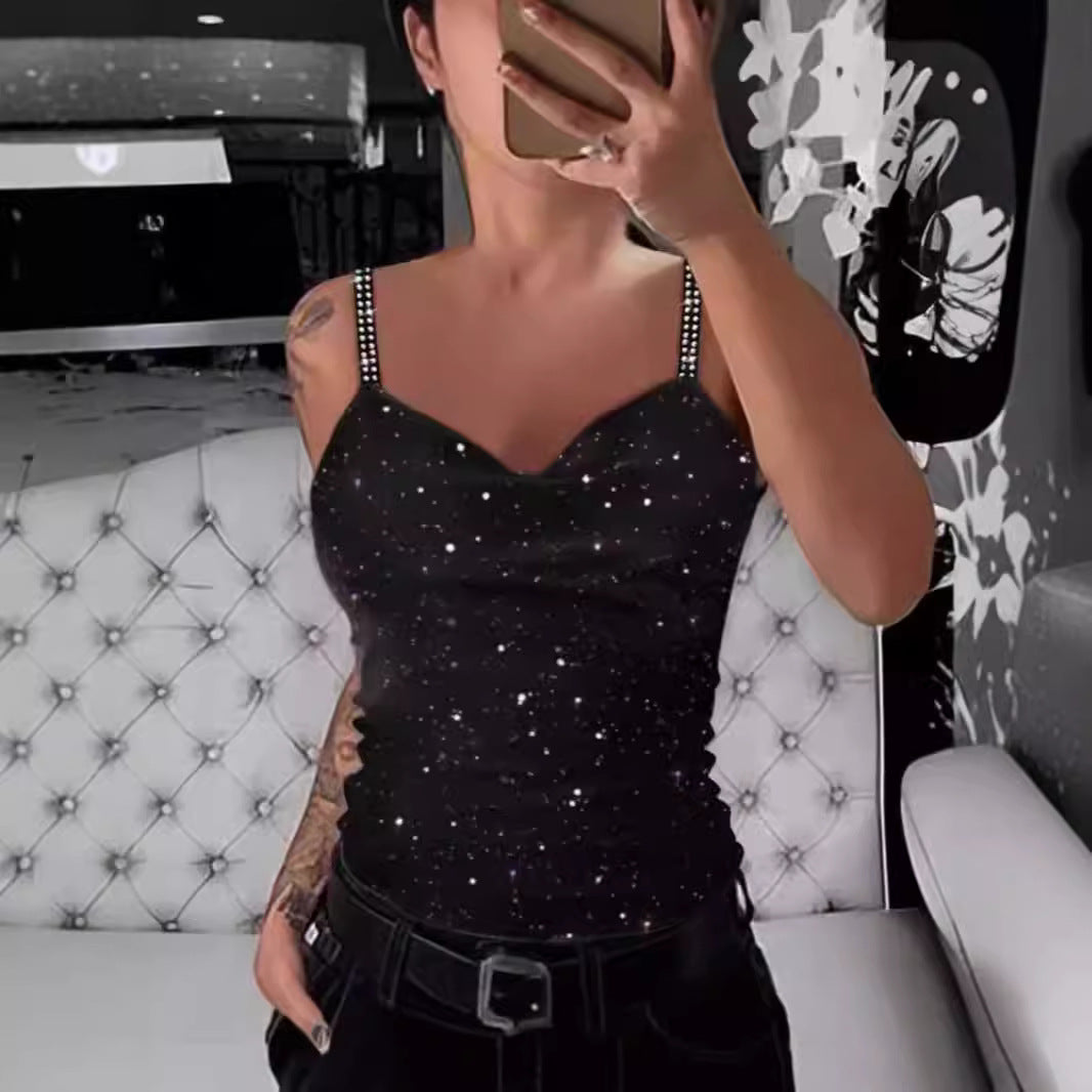 Damen Elegante Spaghetti-Träger Top mit Glitzer-Details