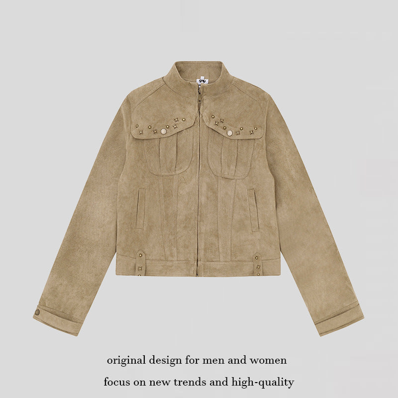 Damen Kurz geschnittene Velourslederjacke mit Stehkragen, Zier‑Nieten und Pattentaschen Shop Nory