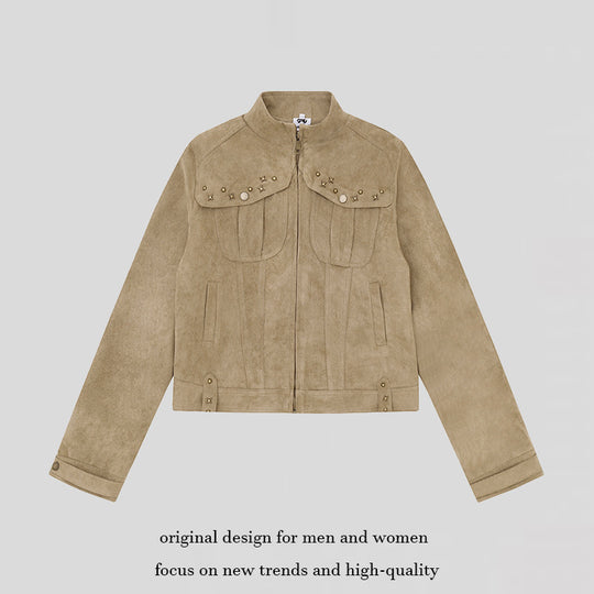 Damen Kurz geschnittene Velourslederjacke mit Stehkragen, Zier‑Nieten und Pattentaschen Shop Nory