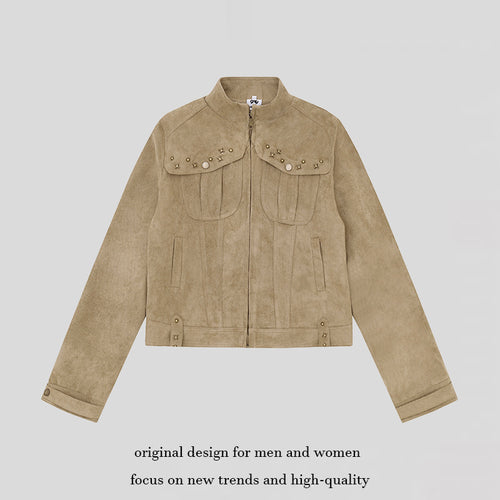 Damen Kurz geschnittene Velourslederjacke mit Stehkragen, Zier‑Nieten und Pattentaschen Shop Nory
