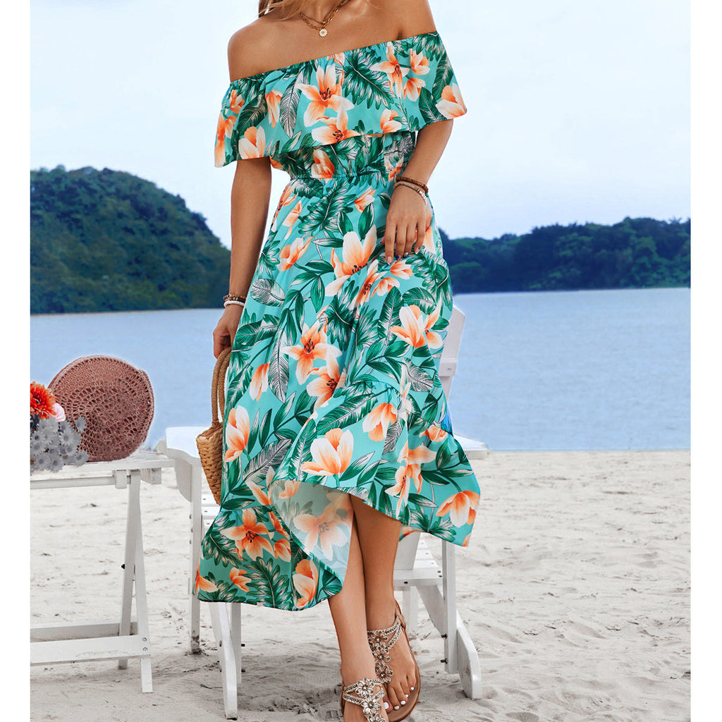Damen Off-Shoulder Maxikleid mit floralem Design und elastischem Taillenbund