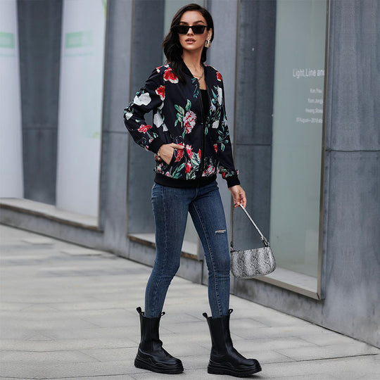 Damen Blumen-Bomberjacke mit Reißverschluss, Rippbündchen und Eingrifftaschen Shop Nory