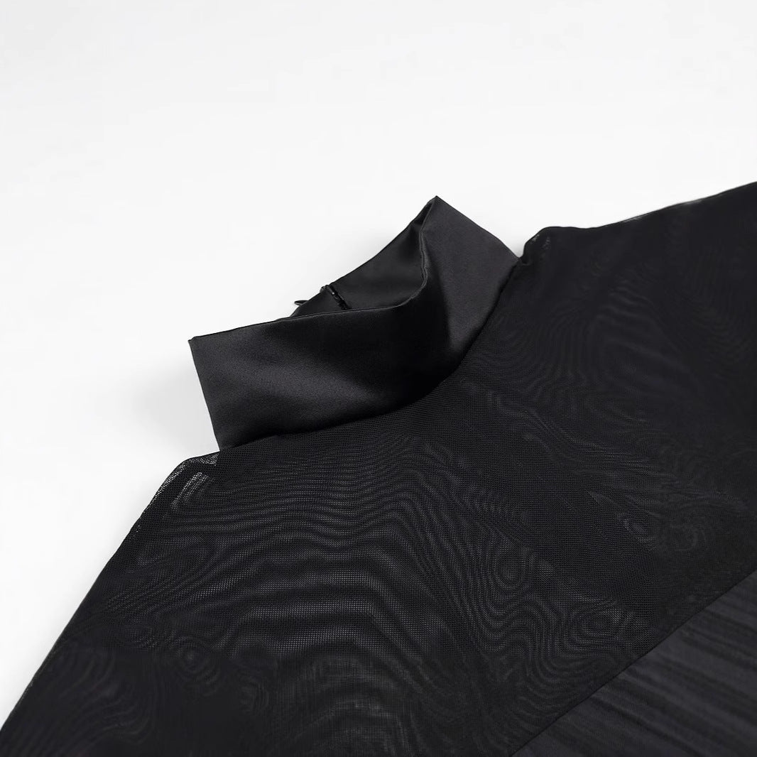 Damen Kurzabendkleid mit Stehkragen, transparenten Mesh-Ärmeln und Korsagen-Optik Shop Nory