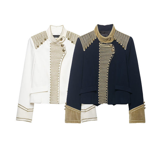 Damen Militärinspirierte Kurzjacke mit goldener Kordelverzierung und Samtmanschetten Shop Nory