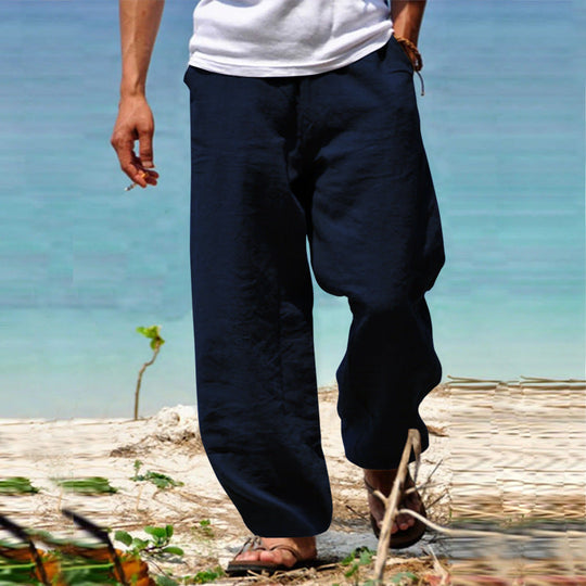 Herren nan lässige Strandhose im Palazzoschnitt aus atmungsaktivem Leinen-Baumwollmix mit Komfortbund