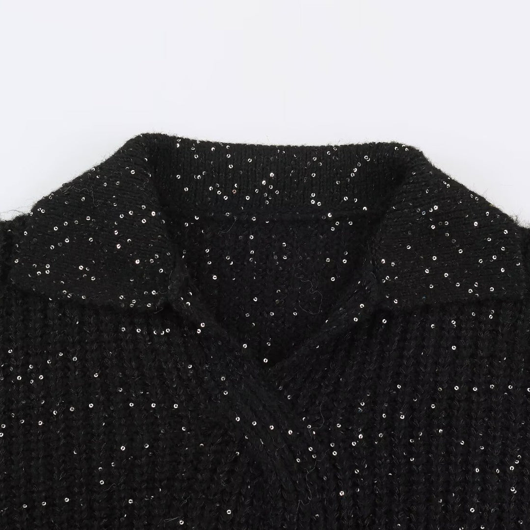 Damen Grobgestrickter Pullover mit weitem Reverskragen und Paillettenbesatz Shop Nory