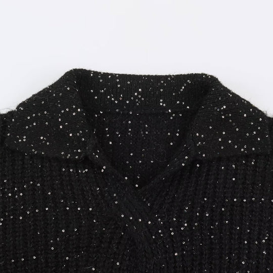 Damen Grobgestrickter Pullover mit weitem Reverskragen und Paillettenbesatz Shop Nory