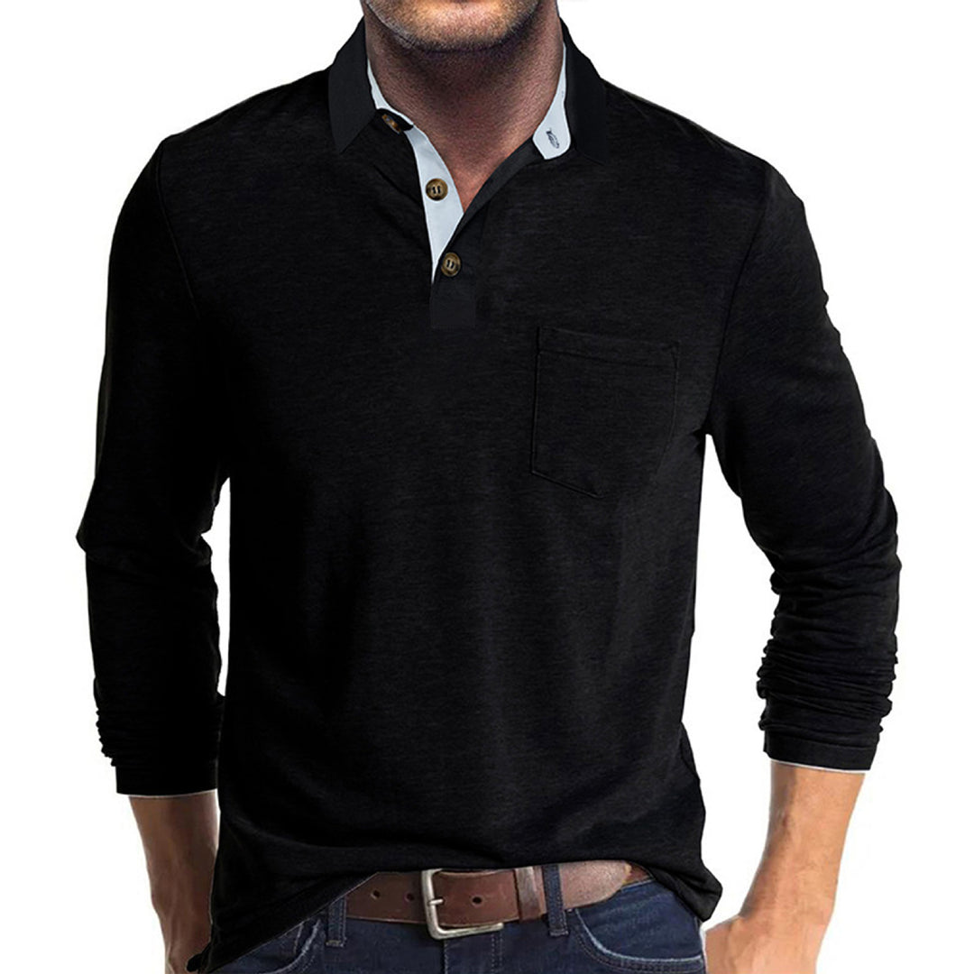 Herren langärmliges Polohemd mit Brusttasche, Kontrastknopfleiste und legerer Stretch-Passform Shop Nory