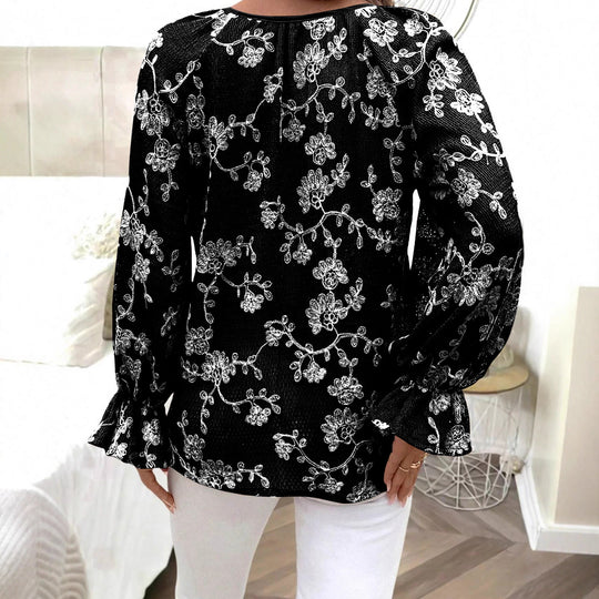 Damen V‑Neck Bluse mit floraler Stickerei, Perlenknopfleiste und Ballonärmeln Shop Nory