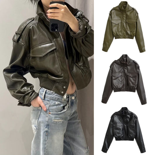 Damen Kurze PU-Leder-Bomberjacke mit hohem Stehkragen, Pattentaschen und Schulterklappen Shop Nory