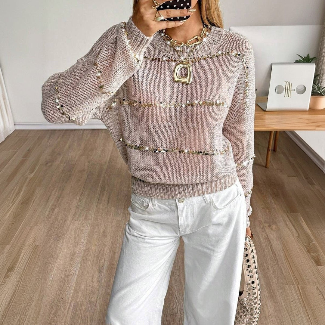 Damen Grobstrick-Pullover mit Paillettenstreifen, Oversize-Schnitt & Rundhalsausschnitt Shop Nory