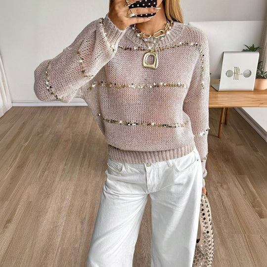 Damen Grobstrick-Pullover mit Paillettenstreifen, Oversize-Schnitt & Rundhalsausschnitt Shop Nory