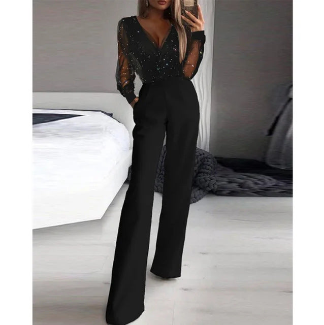 Damen Elegante Jumpsuit mit transparenter Bluse und schimmernden Akzenten