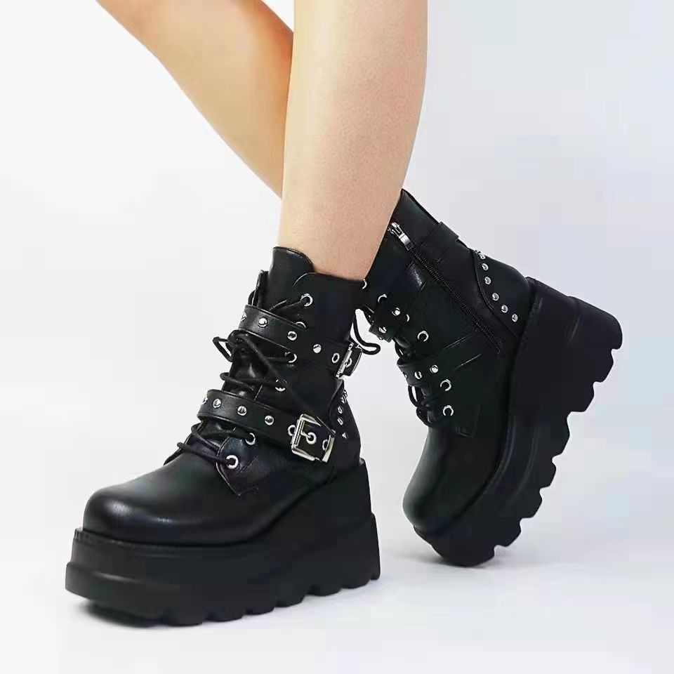 Damen Plateau-Stiefeletten mit modischen Schnallen und robuster Sohle