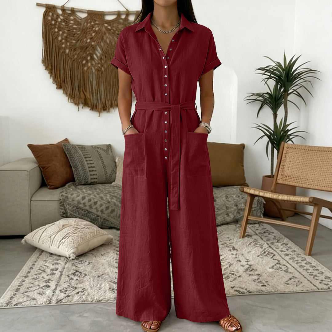 Damen Hemdblusen-Jumpsuit mit weitem Bein, Aufgesetzten Taschen und Bindegürtel Shop Nory