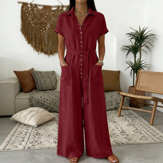 Damen Hemdblusen-Jumpsuit mit weitem Bein, Aufgesetzten Taschen und Bindegürtel Shop Nory
