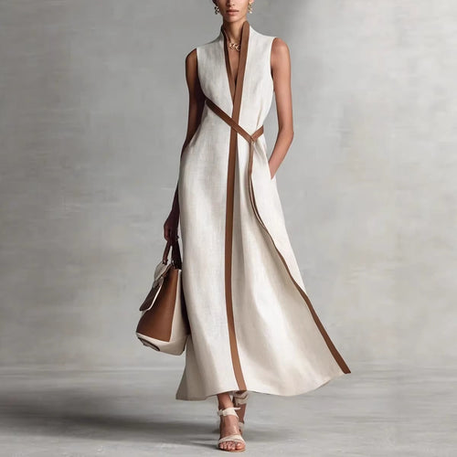 Damen elegantes Maxikleid mit Taillenschnitt und schmalem Gürtel Shopnory