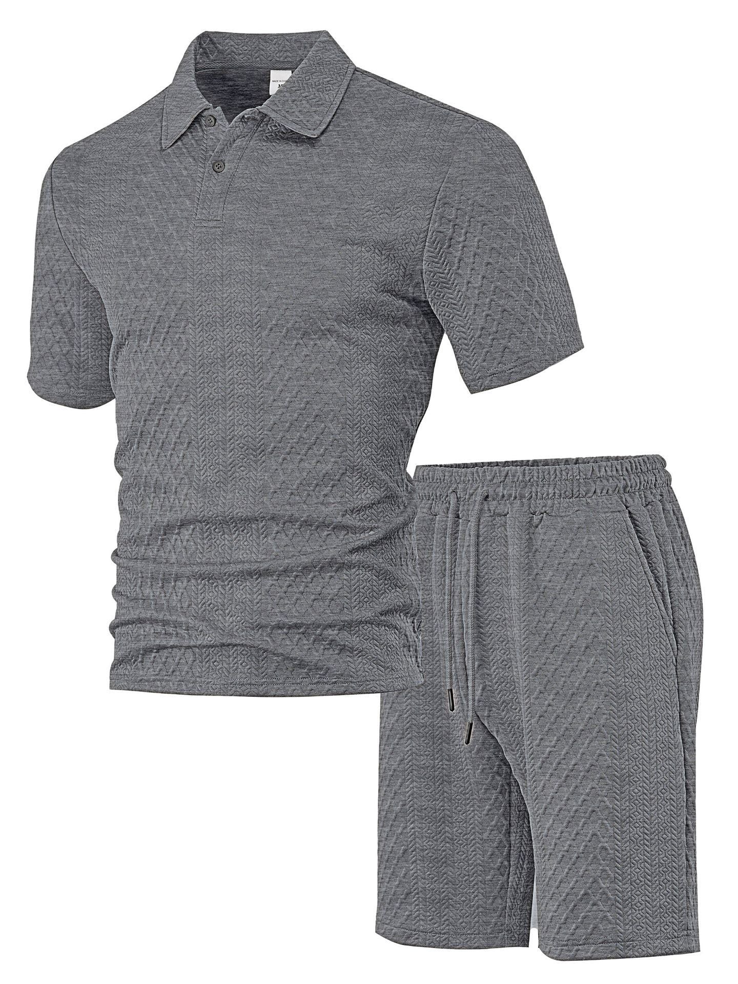 Herren nan geprägtes Waffel-Polo mit Kentkragen und elastischer Tunnelzugshorts im Set