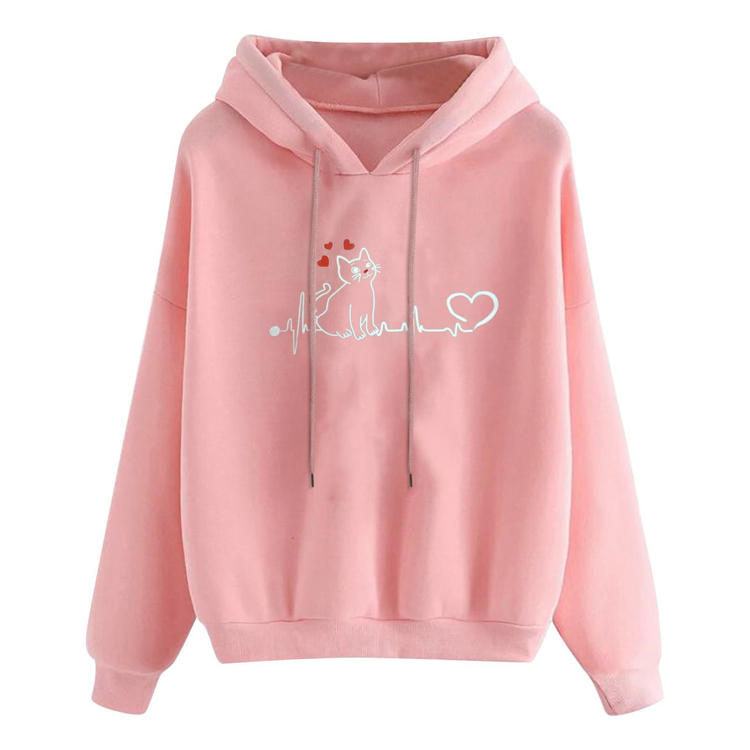 Damen nan leichter Oversize Kapuzenpullover mit Herz‑EKG‑Motiv, langen Kordeln und elastischem Bund Shop Nory