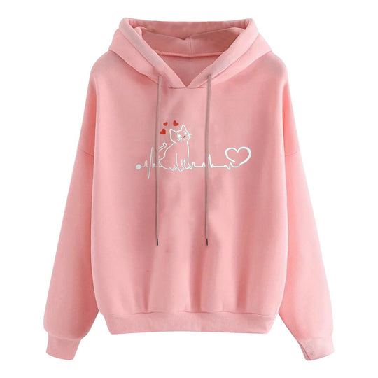 Damen nan leichter Oversize Kapuzenpullover mit Herz‑EKG‑Motiv, langen Kordeln und elastischem Bund Shop Nory