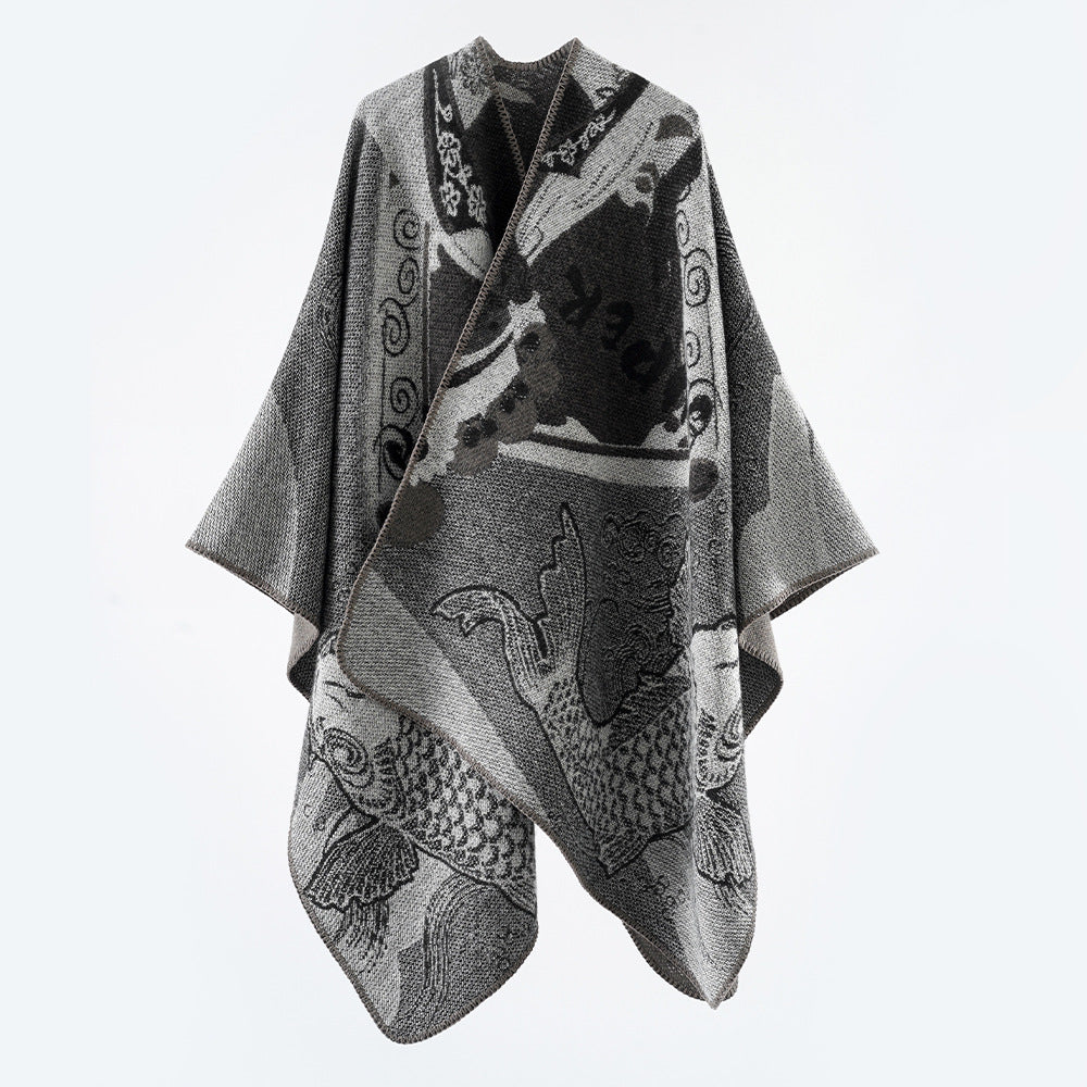 Damen Jacquard-Poncho mit Fischmotiv und offenem Oversize-Schnitt Shop Nory