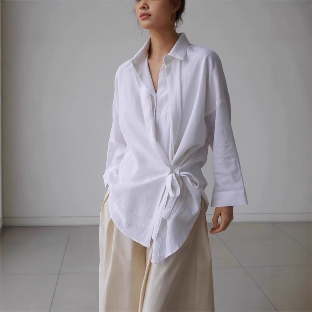 Damen Wickel-Langbluse aus Leinenmix mit Seitenschleife und Oversize-Schnitt Shop Nory