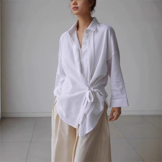 Damen Wickel-Langbluse aus Leinenmix mit Seitenschleife und Oversize-Schnitt Shop Nory