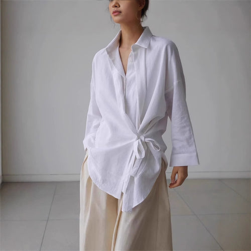 Damen Wickel-Langbluse aus Leinenmix mit Seitenschleife und Oversize-Schnitt Shop Nory