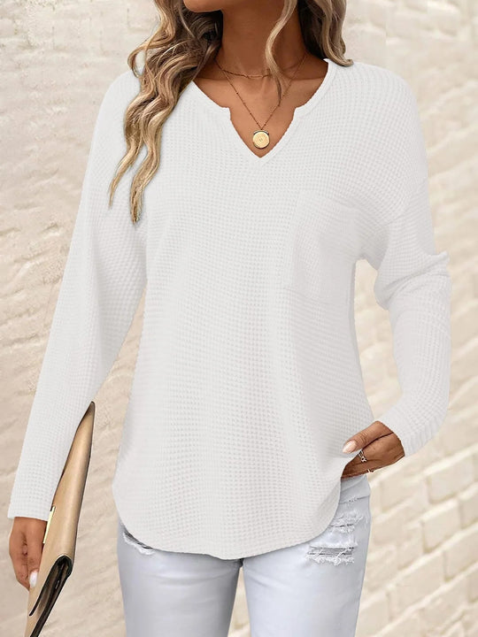 Damen Waffelstrick-Longsleeve mit V-Notch, Brusttasche und legerer Oversize-Passform Shop Nory