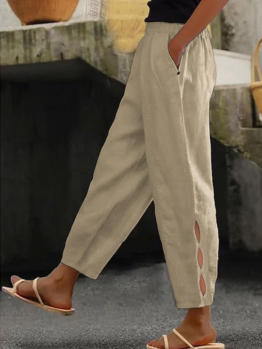 Damen Leichte Leinenhose mit seitlichen Schlitzen und elastischem Bund