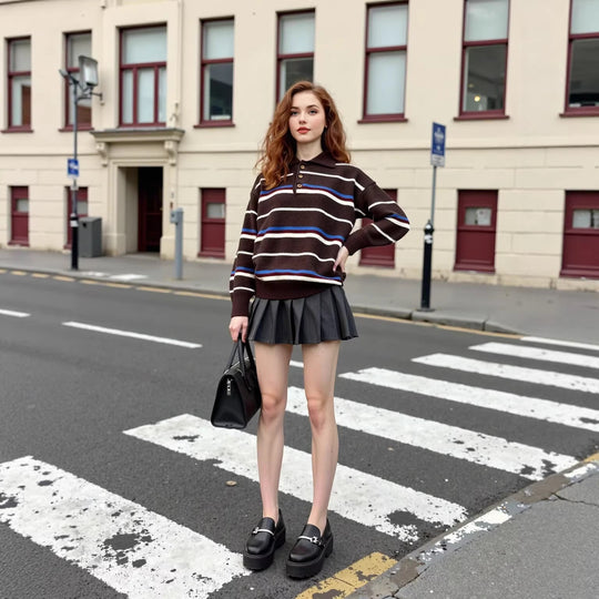 Damen Oversize Polokragen-Strickpullover mit mehrfarbigen Streifen und Rippbündchen Shop Nory