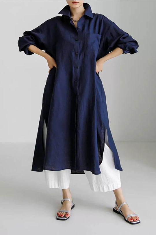 Damen Oversize-Leinen-Hemdmaxikleid mit Stehkragen, Krempelärmeln und hohen Seitenschlitzen Shop Nory