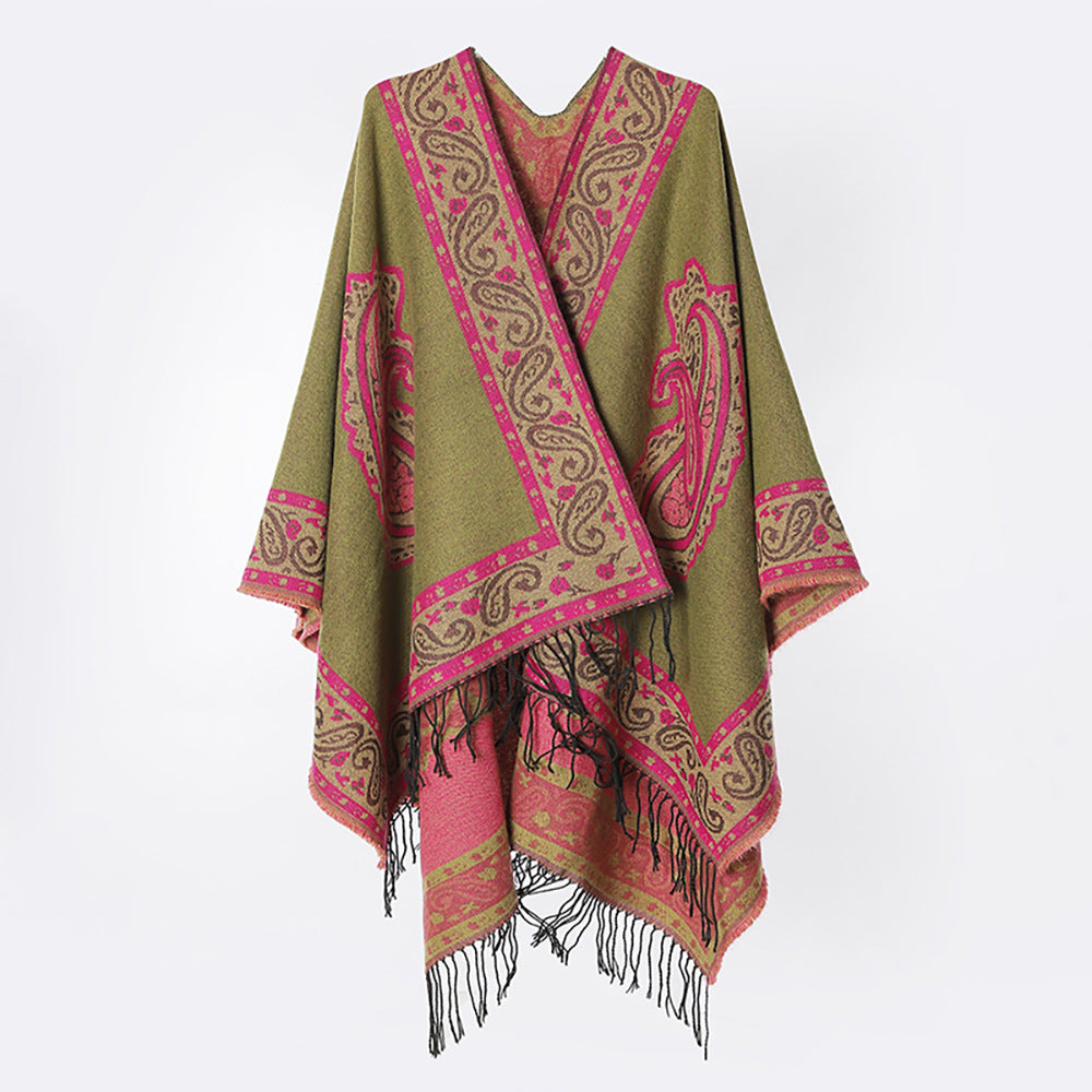 Damen Weicher Paisley-Jacquard Ruana-Überwurf mit V‑Ausschnitt und Fransen Shop Nory