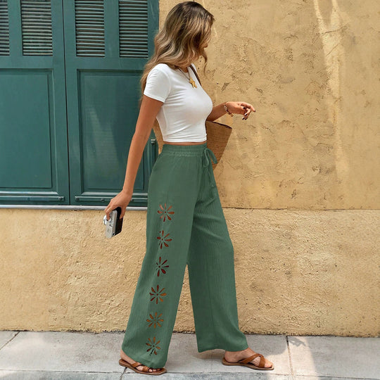 Damen Weite Leinenhose mit Blumen-Applikationen und Elastikbund Shop Nory