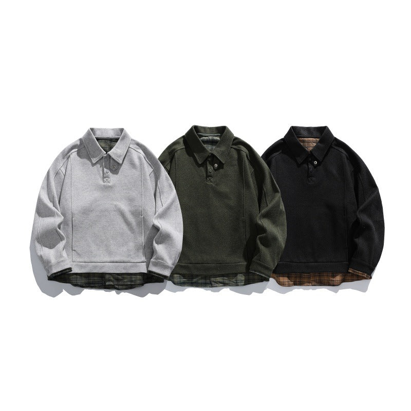 Herren Langärmeliges Polo‑Sweatshirt mit Kentkragen, Knopfleiste und eingearbeitetem Karo‑Layer Shop Nory