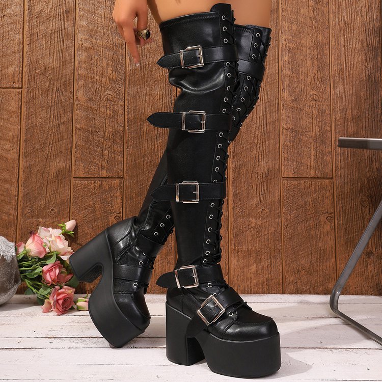 Damen Overknee Stiefel mit modischen Schnallen und hochmodernem Plateau Shopnory
