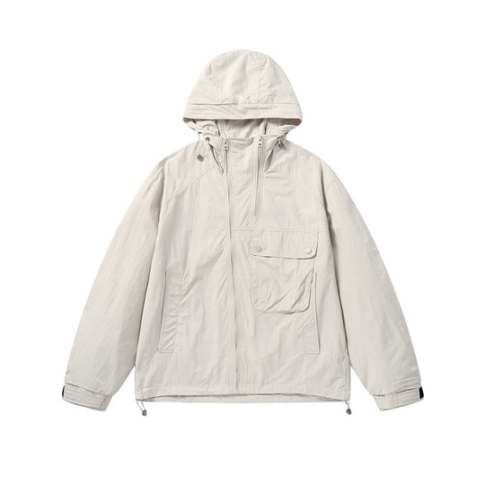 Unisex Leichte Boxy-Windjacke mit Kapuze, Utility-Brusttasche und Kordelzug Shop Nory