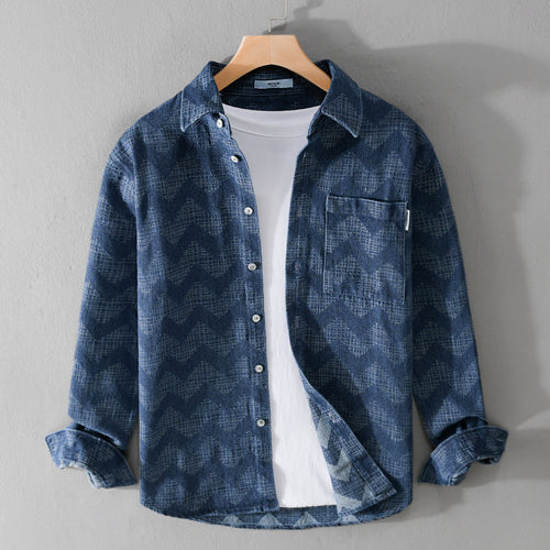 Herren Indigo-Struktur-Overshirt aus gewaschenem Denim mit Zickzack-Jacquard, Kentkragen und Brusttasche Shop Nory