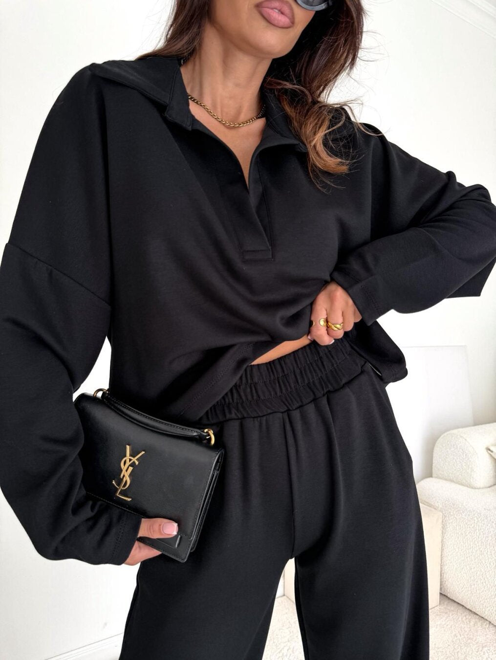 Damen Loungewear-Zweiteiler mit Hemdkragen-Cropped-Sweatshirt und weiter Palazzo-Hose Shop Nory