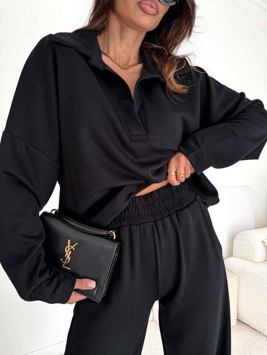 Damen Loungewear-Zweiteiler mit Hemdkragen-Cropped-Sweatshirt und weiter Palazzo-Hose Shop Nory