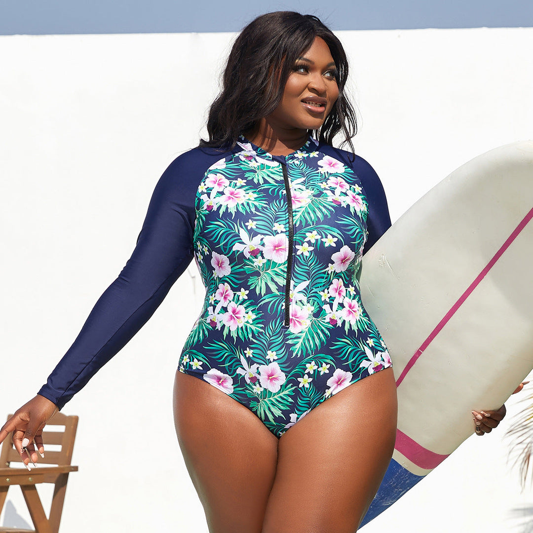 Damen Sportlicher Langarm-Schwimmanzug mit floralem Design
