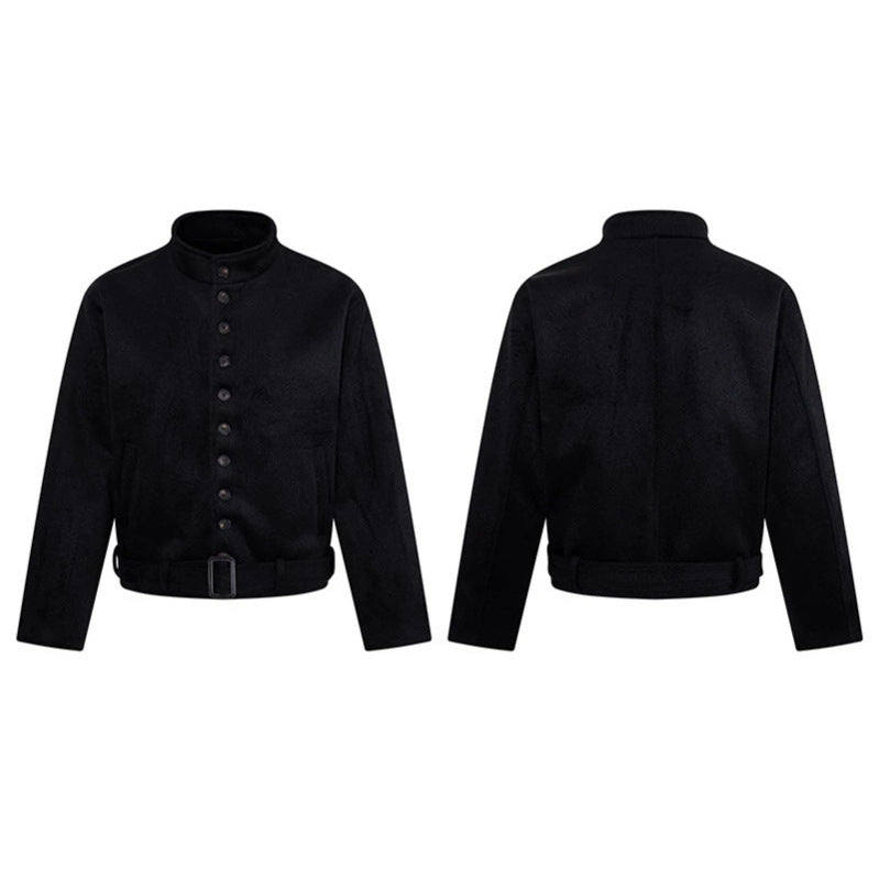 Herren Kurze Wollmix‑Jacke mit Stehkragen, durchgehender Knopfleiste und Taillengürtel Shop Nory