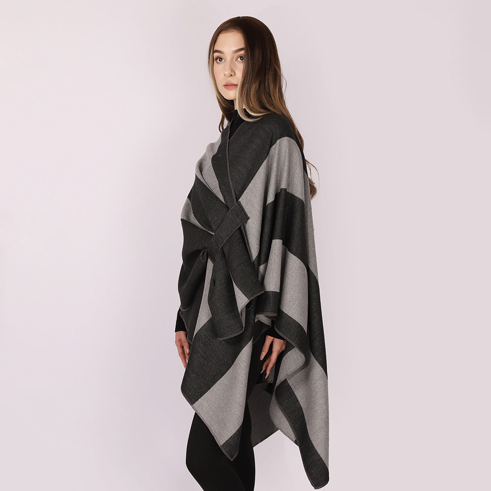 Damen Oversize-Cape mit Blockstreifen und Bindegürtel Shop Nory