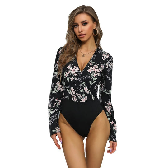 Damen Überkreuz‑Wickelbluse mit tiefem V-Ausschnitt, langen Ärmeln und floralem Print Shop Nory