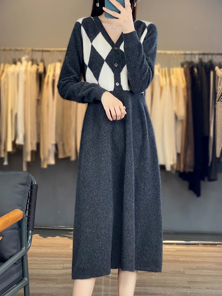 Damen Strick-Set mit V-Cardigan Rautenmuster und tailliertem Midirock Shop Nory