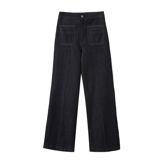 Damen High‑Waist Weite Denimhose mit durchgehender Mittelnaht und aufgesetzten Taschen Shop Nory
